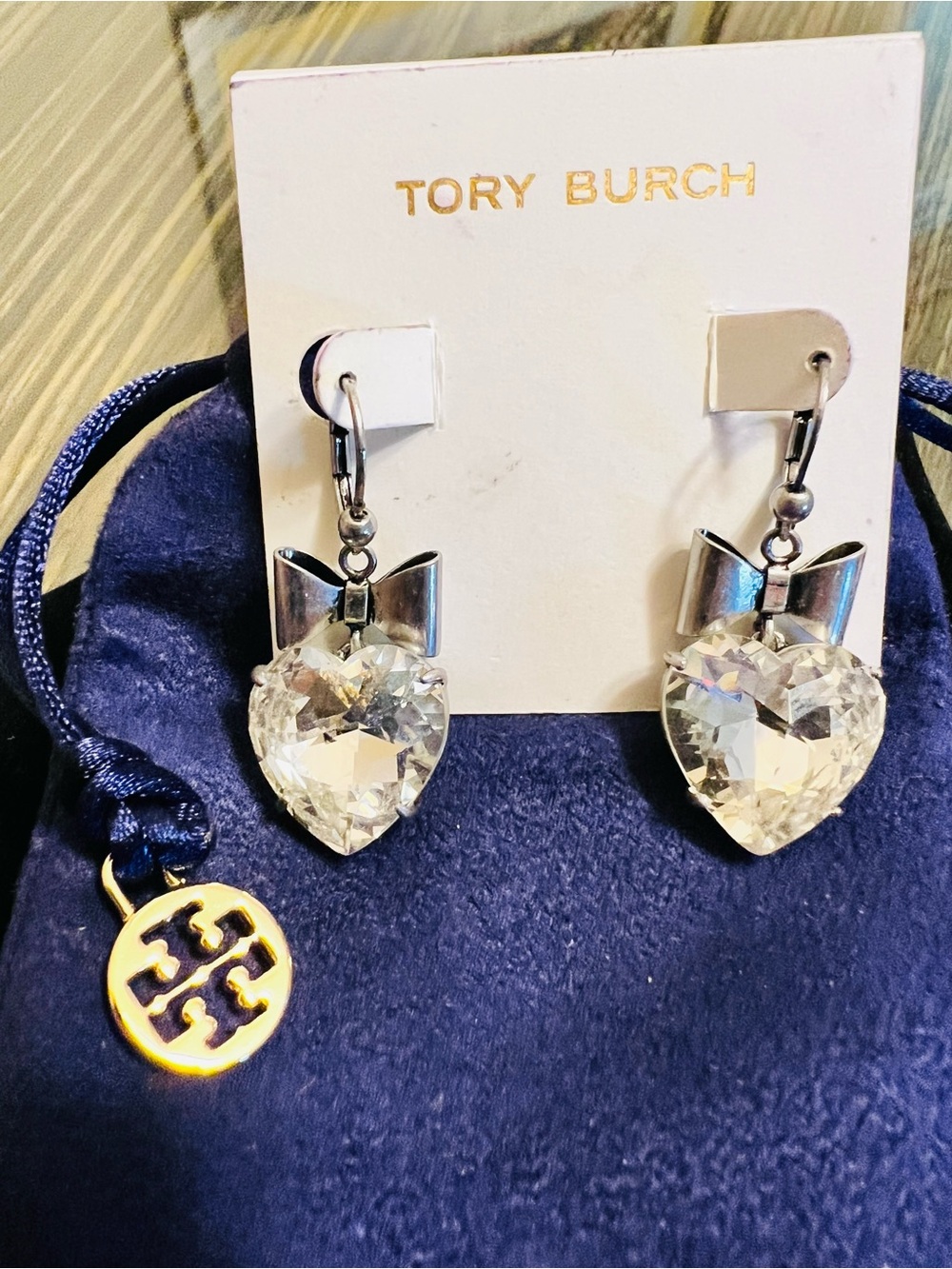 Tory Burch Silver Bow and Crystal Heart Drop Earrings